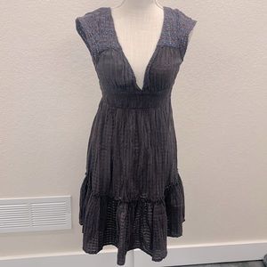 {Free People} Brown With Blue Stitching Deep V Midi Peasant Dress Size 4